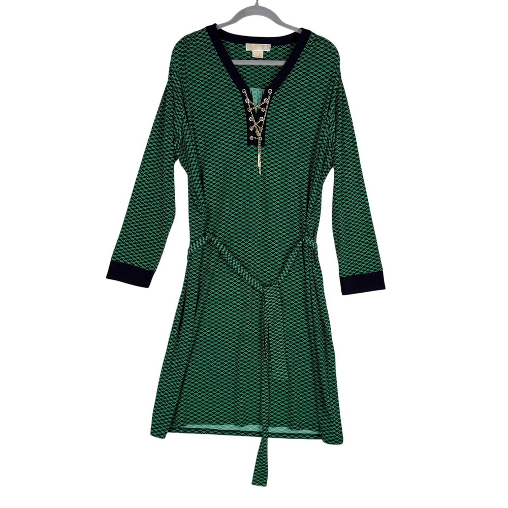 MICHAEL Michael Kors Dress Womens 2X Green Geometric Lace Up Belted‎ Long Sleeve